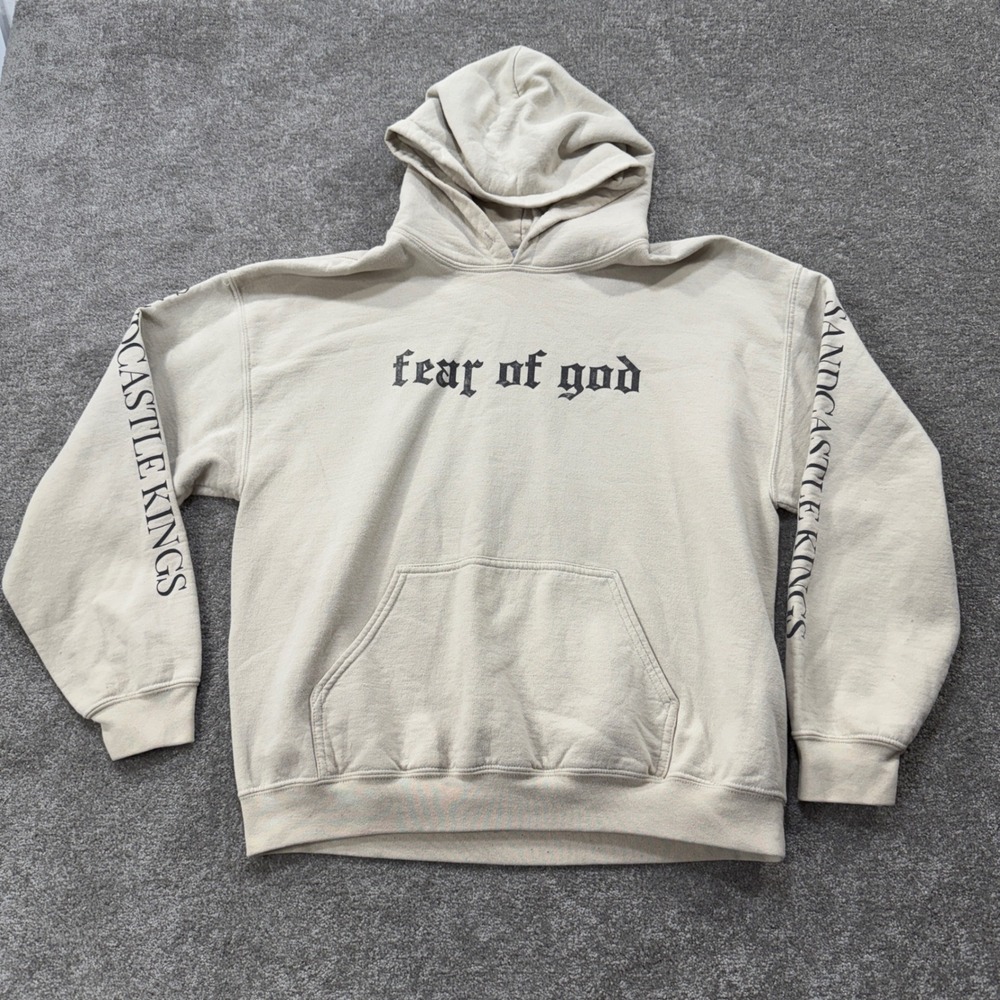 Fear of God Hoodie Mens‎ Large Sand Beige Sandcastle Kings Gothic Graphic Fleece - Picture 2 of 11
